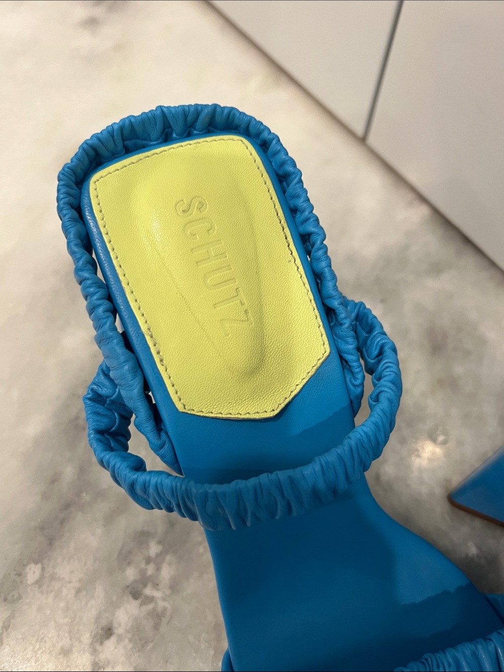 SCHUTZ Blue Slide Sandals with Neon Yellow Insole Accents